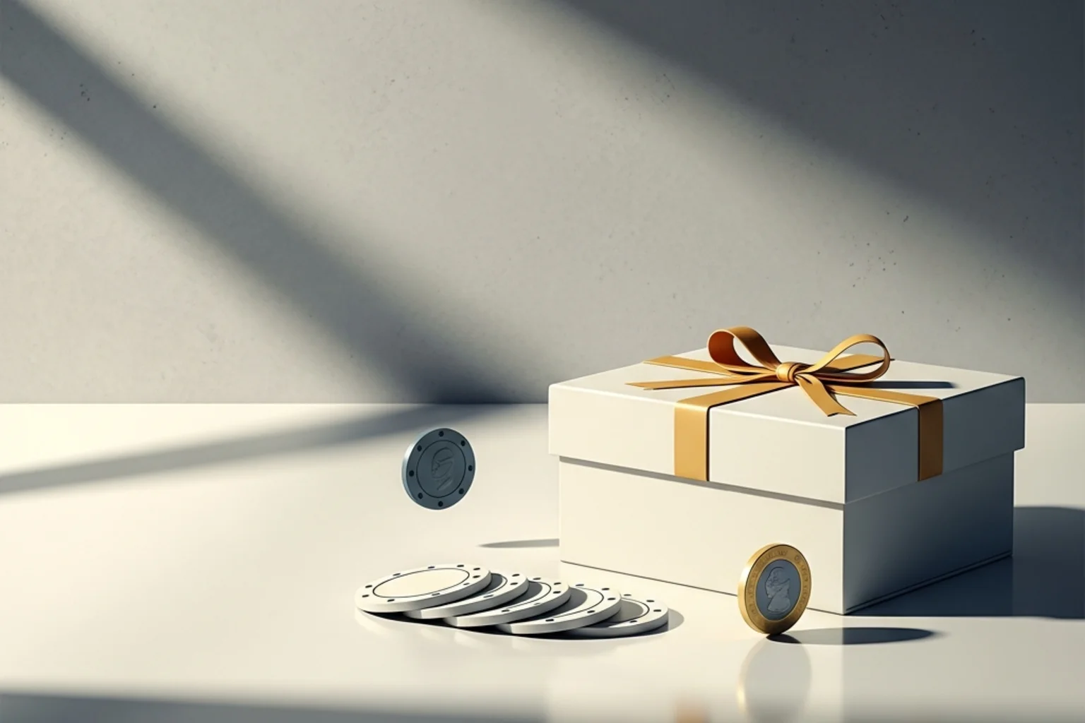 Mostrador conceptual de un casino online con monedas y fichas representando bonos promocionales